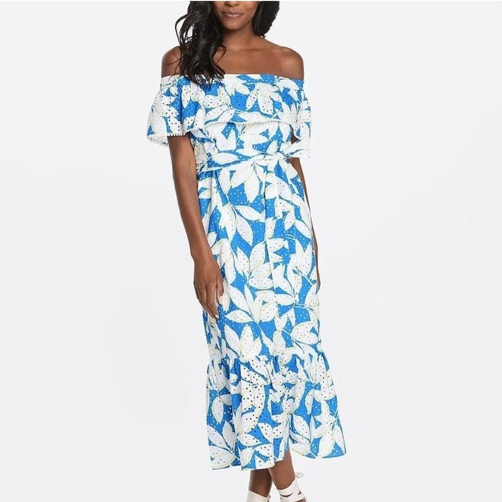 Draper James Off-Shoulder Eyelet White Blue Floral Cotton Belted Dress Size S